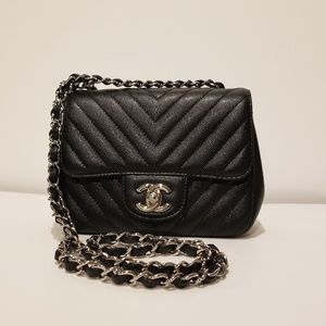 Chanel Quilted Chevron Black Caviar Mini Square